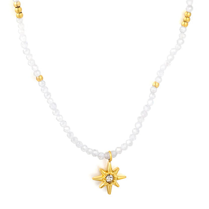 Dainty Boho Celestial Frosted Clear Crystal Beaded North Star Pendant Choker Necklace | 18K Gold Plated Hypoallergenic Stainless Steel