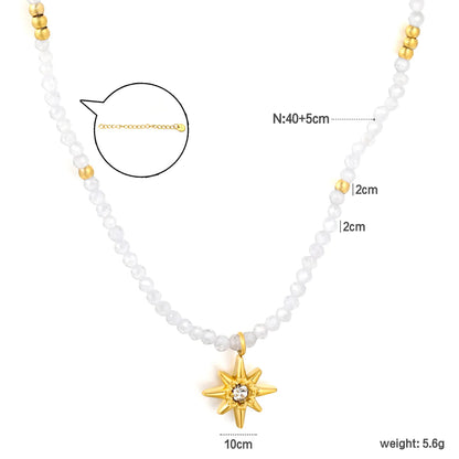 Dainty Boho Celestial Frosted Clear Crystal Beaded North Star Pendant Choker Necklace | 18K Gold Plated Hypoallergenic Stainless Steel