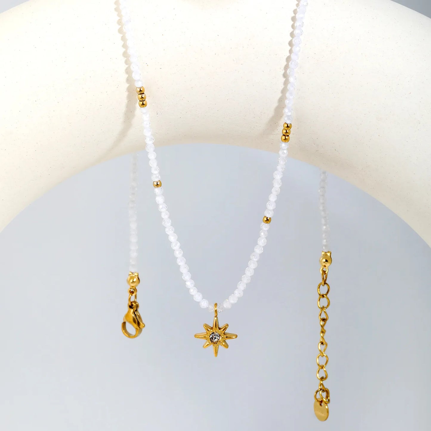 Dainty Boho Celestial Frosted Clear Crystal Beaded North Star Pendant Choker Necklace | 18K Gold Plated Hypoallergenic Stainless Steel