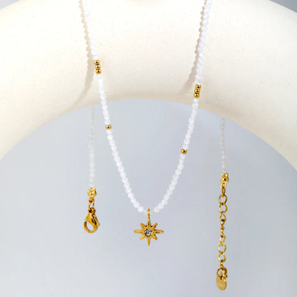 Dainty Boho Celestial Frosted Clear Crystal Beaded North Star Pendant Choker Necklace | 18K Gold Plated Hypoallergenic Stainless Steel