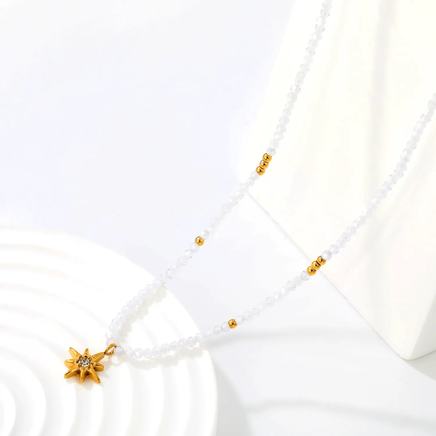 Dainty Boho Celestial Frosted Clear Crystal Beaded North Star Pendant Choker Necklace | 18K Gold Plated Hypoallergenic Stainless Steel