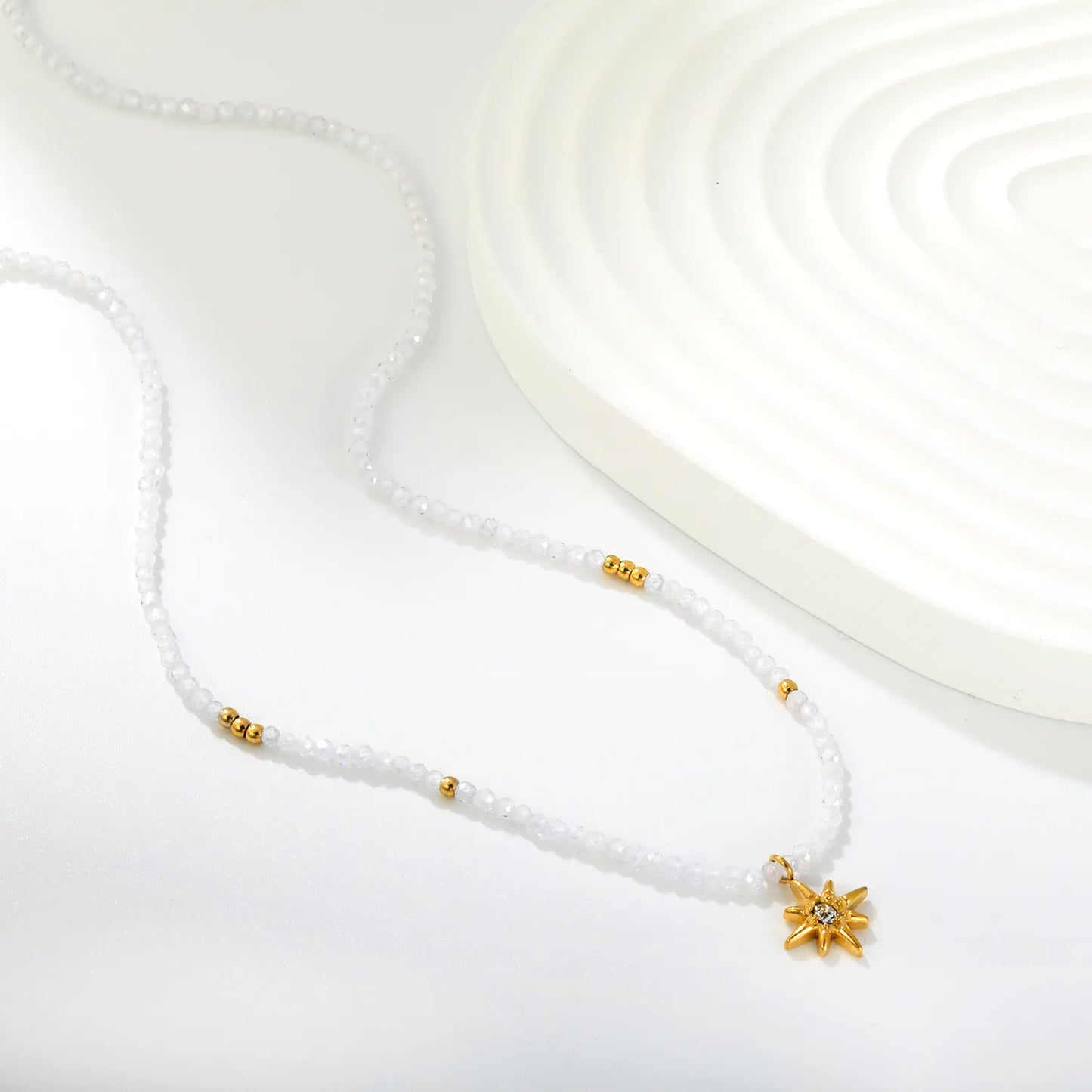 Dainty Boho Celestial Frosted Clear Crystal Beaded North Star Pendant Choker Necklace | 18K Gold Plated Hypoallergenic Stainless Steel