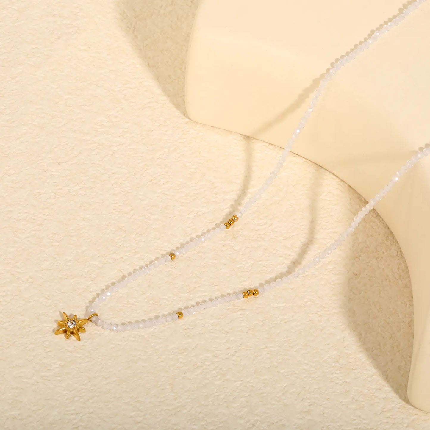Dainty Boho Celestial Frosted Clear Crystal Beaded North Star Pendant Choker Necklace | 18K Gold Plated Hypoallergenic Stainless Steel