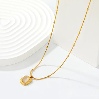 Vintage Minimalist Beaded Flat Snake Chain Multi-Layer Rectangle Mother of Pearl Pendant Necklace with Adjustable Extension Chain