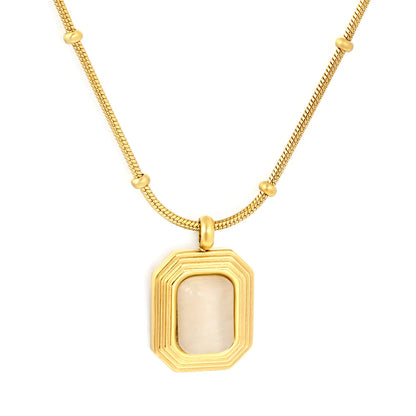 Vintage Minimalist Beaded Flat Snake Chain Multi-Layer Rectangle Mother of Pearl Pendant Necklace with Adjustable Extension Chain
