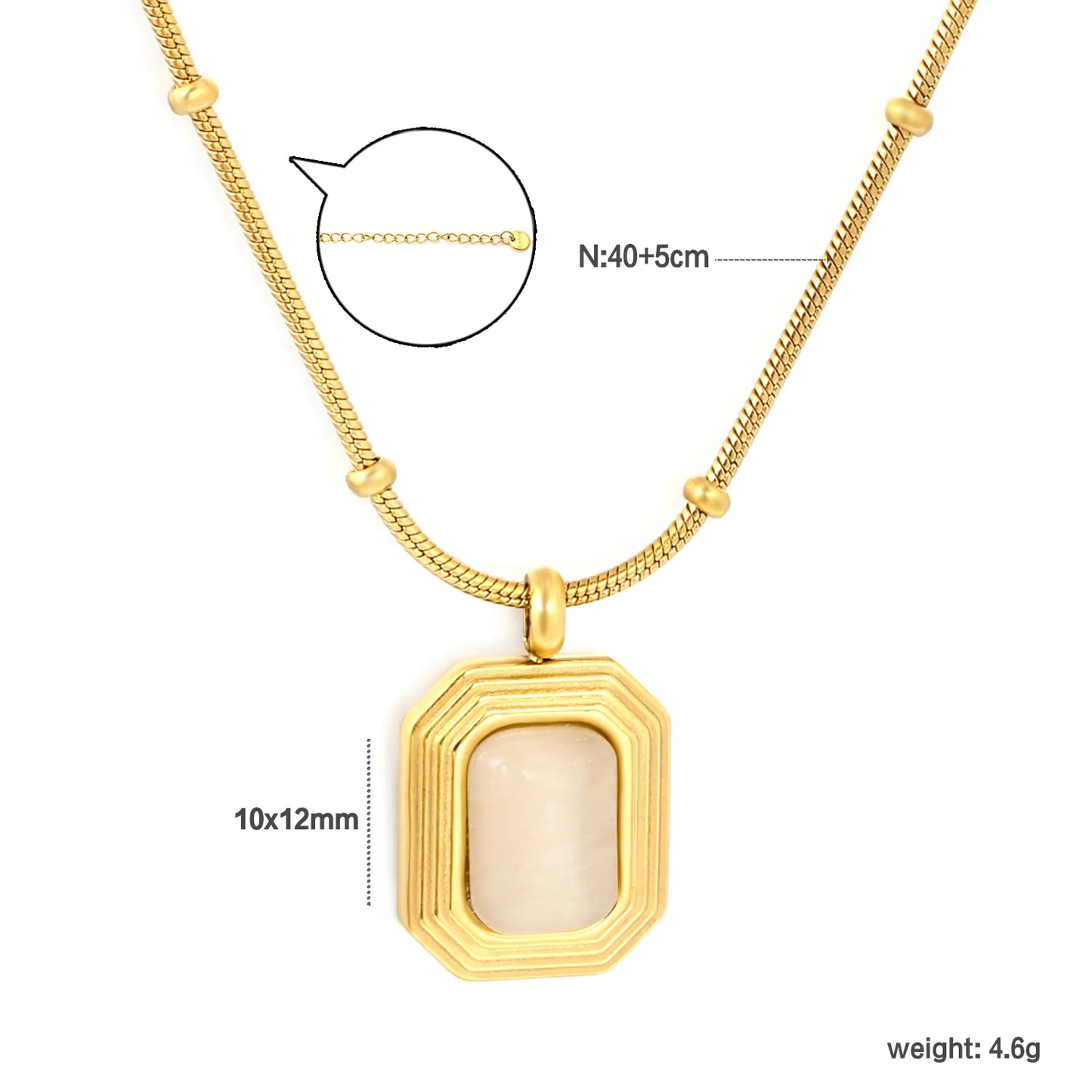 Vintage Minimalist Beaded Flat Snake Chain Multi-Layer Rectangle Mother of Pearl Pendant Necklace with Adjustable Extension Chain