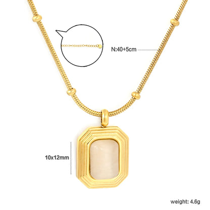 Vintage Minimalist Beaded Flat Snake Chain Multi-Layer Rectangle Mother of Pearl Pendant Necklace with Adjustable Extension Chain