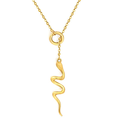 Smooth Curved Snake Y Drop Lariat Rolo Chain Necklace | Adjustable Ring Slide Design | 18K Gold Plated Hypoallergenic Stainless Steel | Edgy Minimalist Gothic Daily Layering Jewelry
