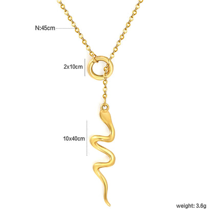 Smooth Curved Snake Y Drop Lariat Rolo Chain Necklace | Adjustable Ring Slide Design | 18K Gold Plated Hypoallergenic Stainless Steel | Edgy Minimalist Gothic Daily Layering Jewelry