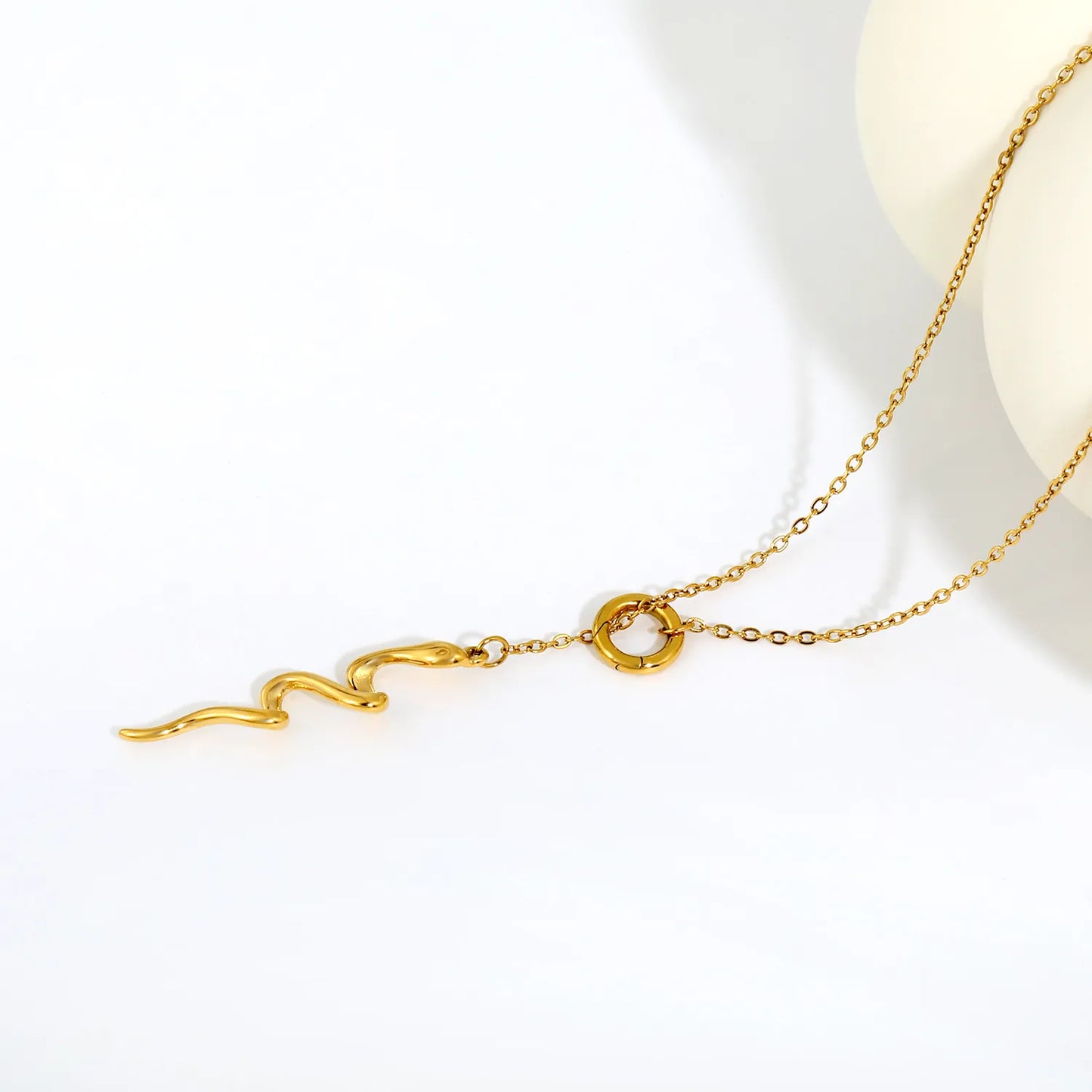 Smooth Curved Snake Y Drop Lariat Rolo Chain Necklace | Adjustable Ring Slide Design | 18K Gold Plated Hypoallergenic Stainless Steel | Edgy Minimalist Gothic Daily Layering Jewelry