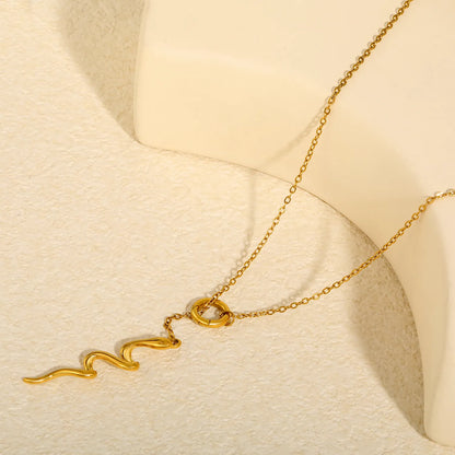 Smooth Curved Snake Y Drop Lariat Rolo Chain Necklace | Adjustable Ring Slide Design | 18K Gold Plated Hypoallergenic Stainless Steel | Edgy Minimalist Gothic Daily Layering Jewelry