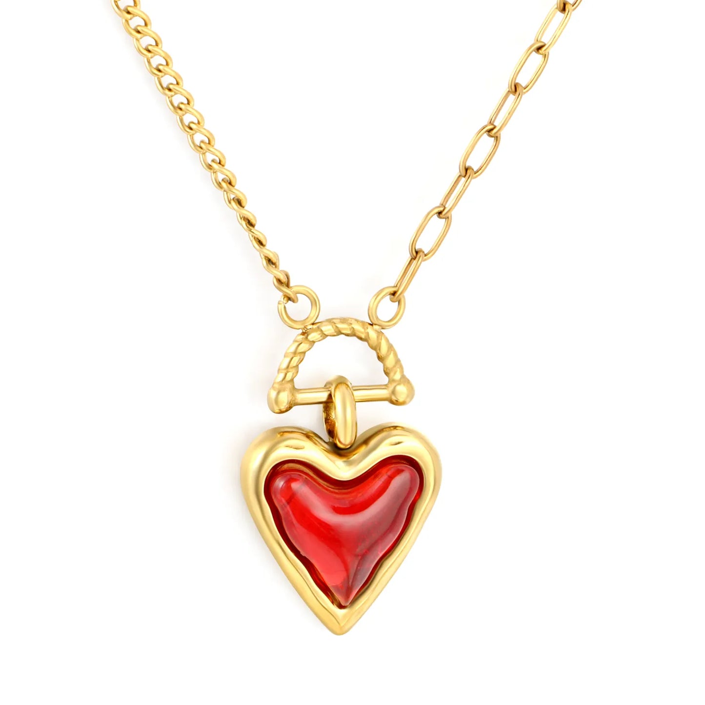 Two-Tone Mixed Chain Red Resin Heart Toggle Pendant Necklace | Romantic Love Daily Jewelry Wholesale MOQ 12
