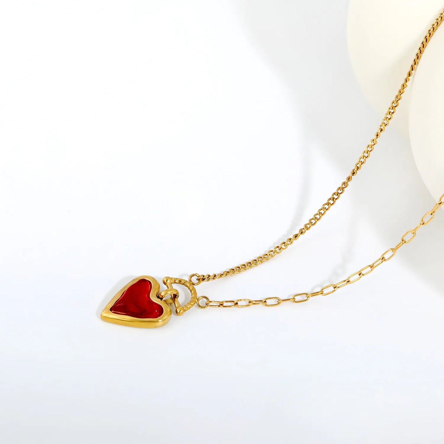 Two-Tone Mixed Chain Red Resin Heart Toggle Pendant Necklace | Romantic Love Daily Jewelry Wholesale MOQ 12