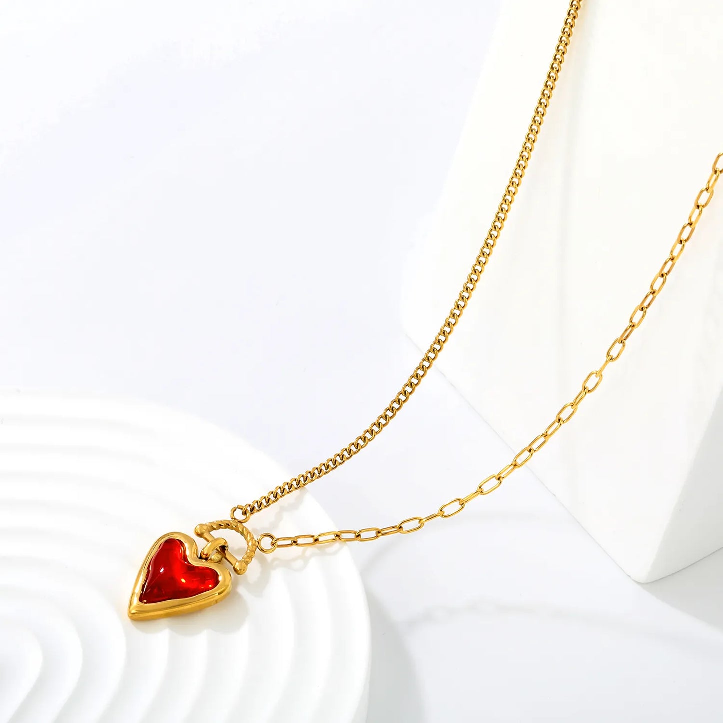 Two-Tone Mixed Chain Red Resin Heart Toggle Pendant Necklace | Romantic Love Daily Jewelry Wholesale MOQ 12