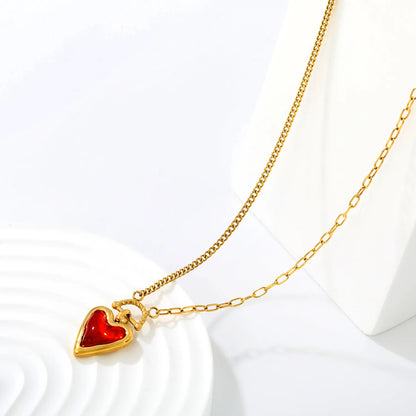 Two-Tone Mixed Chain Red Resin Heart Toggle Pendant Necklace | Romantic Love Daily Jewelry Wholesale MOQ 12