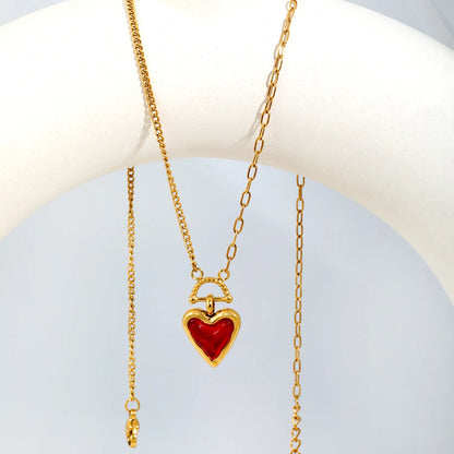 Two-Tone Mixed Chain Red Resin Heart Toggle Pendant Necklace | Romantic Love Daily Jewelry Wholesale MOQ 12