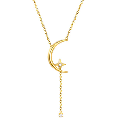 Crescent Moon Star Y Drop Crystal Lariat Rolo Chain Necklace | Adjustable Extension Chain | 18K Gold Plated Hypoallergenic Stainless Steel