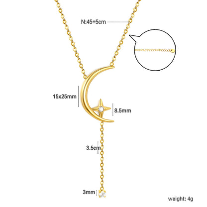 Crescent Moon Star Y Drop Crystal Lariat Rolo Chain Necklace | Adjustable Extension Chain | 18K Gold Plated Hypoallergenic Stainless Steel