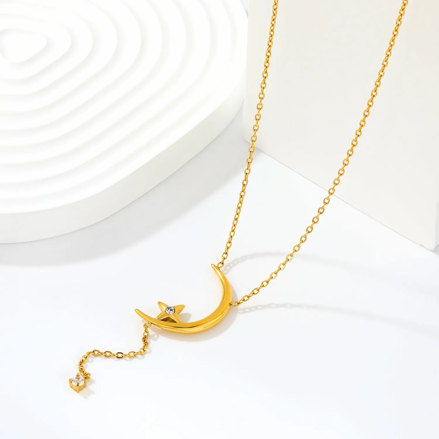 Crescent Moon Star Y Drop Crystal Lariat Rolo Chain Necklace | Adjustable Extension Chain | 18K Gold Plated Hypoallergenic Stainless Steel