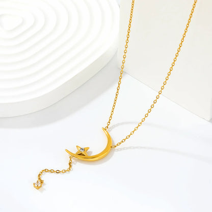 Crescent Moon Star Y Drop Crystal Lariat Rolo Chain Necklace | Adjustable Extension Chain | 18K Gold Plated Hypoallergenic Stainless Steel