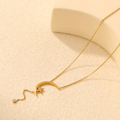 Crescent Moon Star Y Drop Crystal Lariat Rolo Chain Necklace | Adjustable Extension Chain | 18K Gold Plated Hypoallergenic Stainless Steel