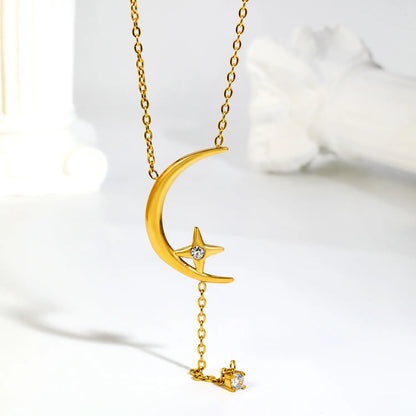 Crescent Moon Star Y Drop Crystal Lariat Rolo Chain Necklace | Adjustable Extension Chain | 18K Gold Plated Hypoallergenic Stainless Steel