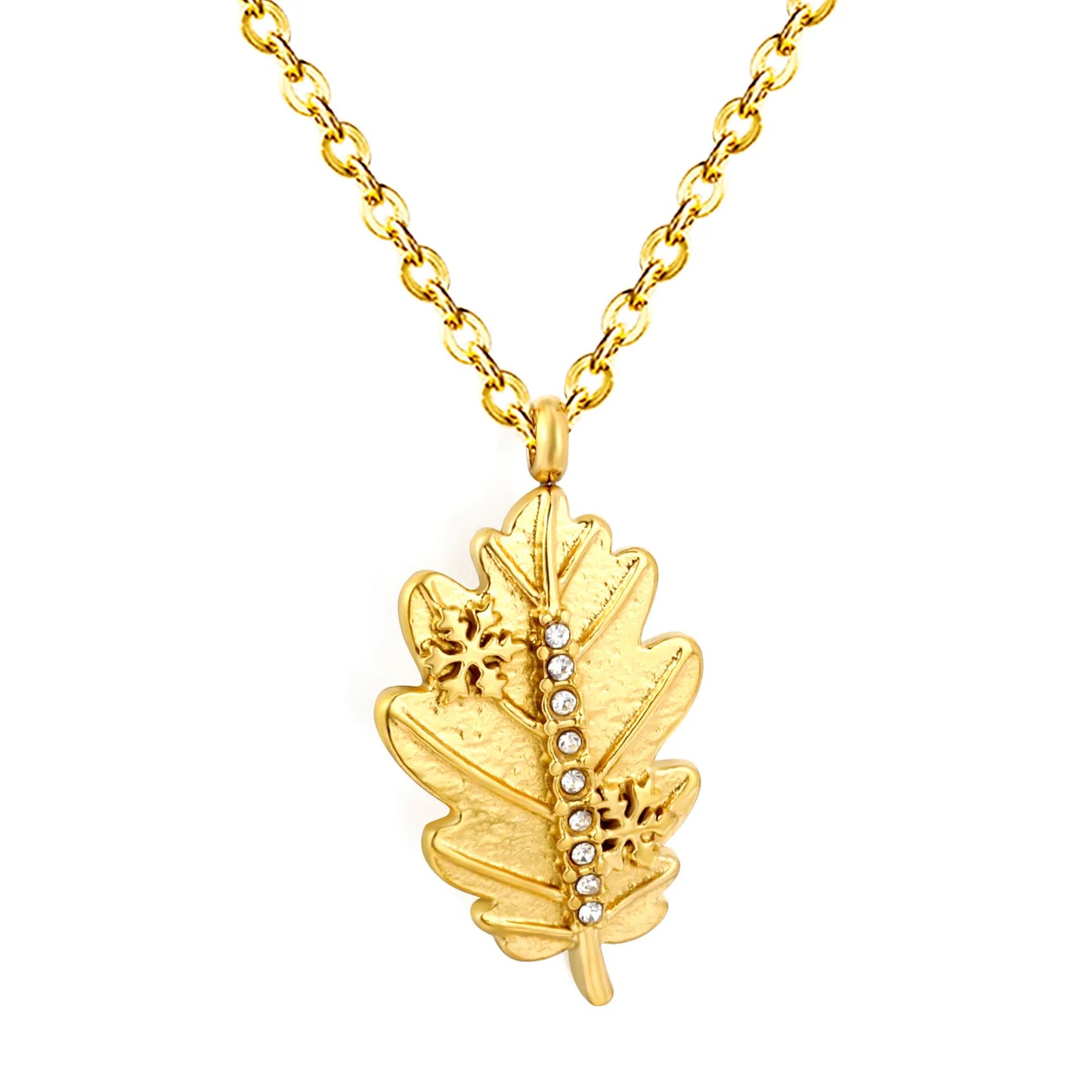 Retro Autumn Nature Inspired Textured Oak Leaf Pendant Rhinestone Rolo Chain Necklace | Bulk Order MOQ 12