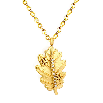 Retro Autumn Nature Inspired Textured Oak Leaf Pendant Rhinestone Rolo Chain Necklace | Bulk Order MOQ 12