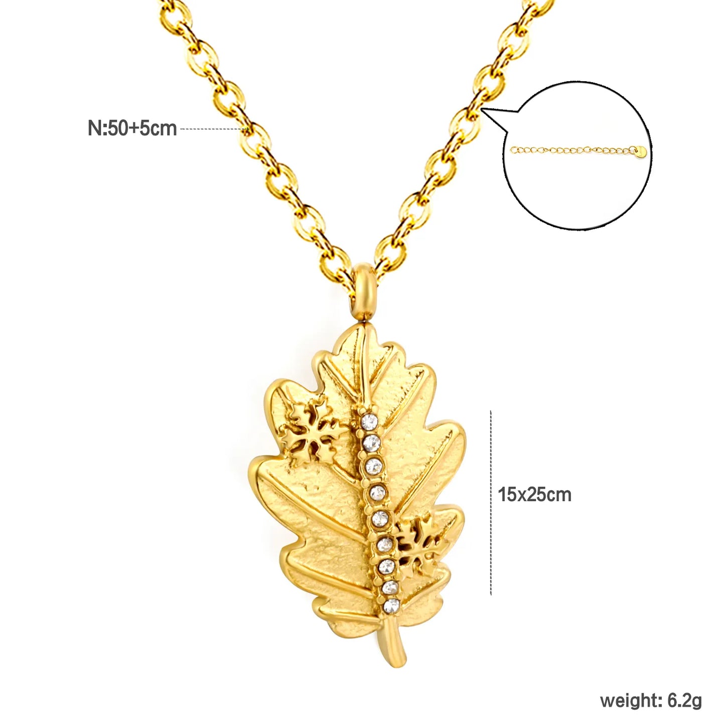 Retro Autumn Nature Inspired Textured Oak Leaf Pendant Rhinestone Rolo Chain Necklace | Bulk Order MOQ 12