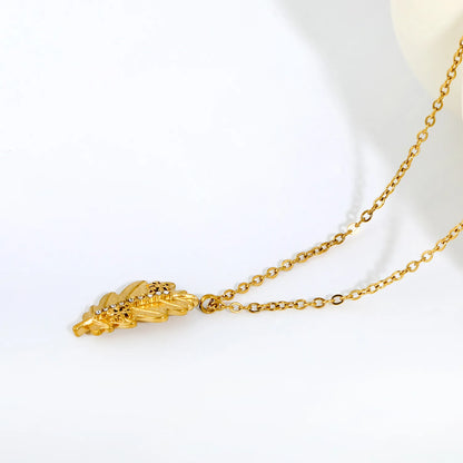 Retro Autumn Nature Inspired Textured Oak Leaf Pendant Rhinestone Rolo Chain Necklace | Bulk Order MOQ 12