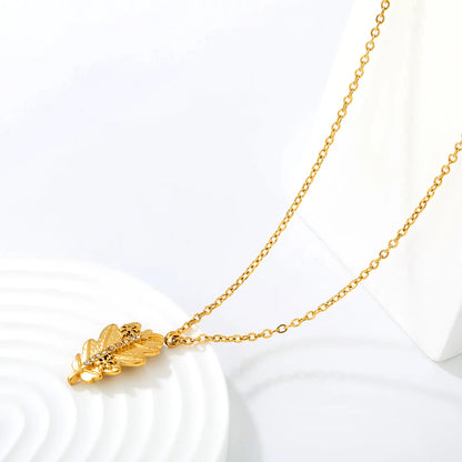 Retro Autumn Nature Inspired Textured Oak Leaf Pendant Rhinestone Rolo Chain Necklace | Bulk Order MOQ 12