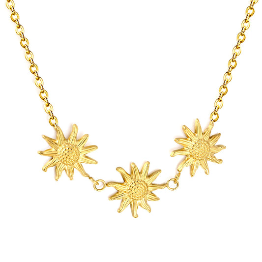 Boho Nature Inspired Triple Embossed Sunflower Station Rolo Chain Necklace | 18K Gold Plated Hypoallergenic Stainless Steel | Bulk Order MOQ 12