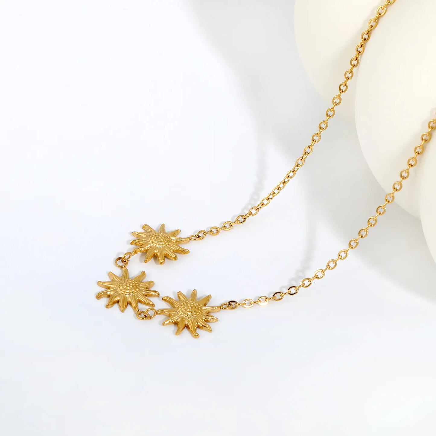 Boho Nature Inspired Triple Embossed Sunflower Station Rolo Chain Necklace | 18K Gold Plated Hypoallergenic Stainless Steel | Bulk Order MOQ 12
