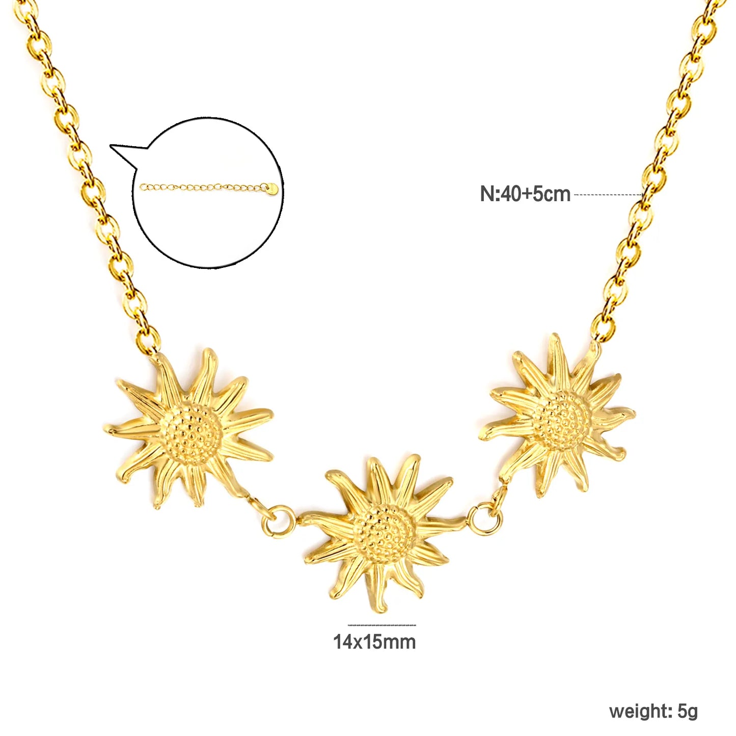 Boho Nature Inspired Triple Embossed Sunflower Station Rolo Chain Necklace | 18K Gold Plated Hypoallergenic Stainless Steel | Bulk Order MOQ 12