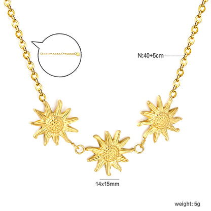 Boho Nature Inspired Triple Embossed Sunflower Station Rolo Chain Necklace | 18K Gold Plated Hypoallergenic Stainless Steel | Bulk Order MOQ 12