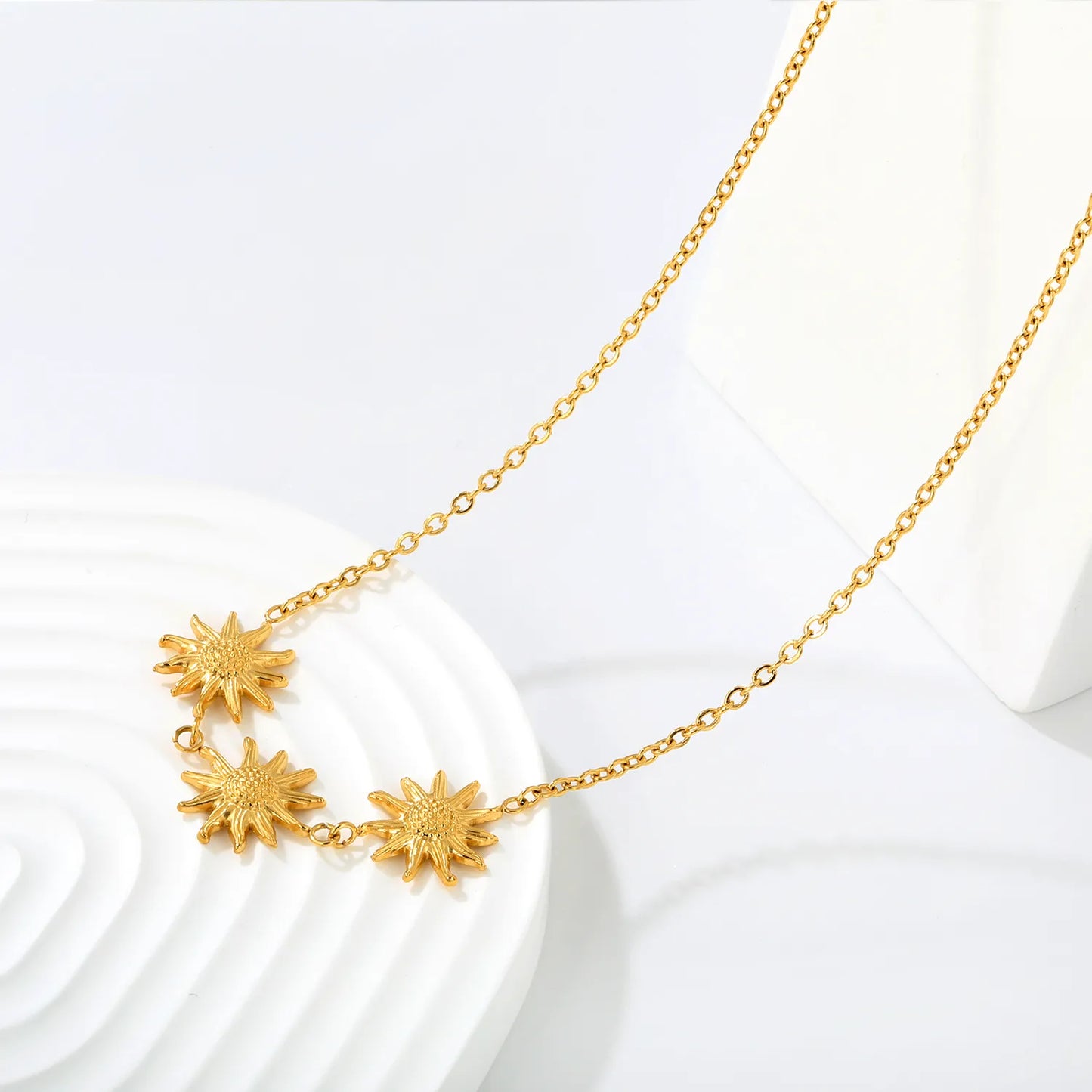 Boho Nature Inspired Triple Embossed Sunflower Station Rolo Chain Necklace | 18K Gold Plated Hypoallergenic Stainless Steel | Bulk Order MOQ 12