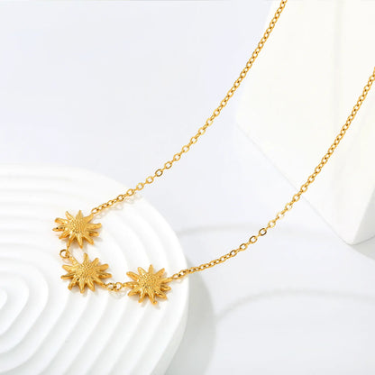 Boho Nature Inspired Triple Embossed Sunflower Station Rolo Chain Necklace | 18K Gold Plated Hypoallergenic Stainless Steel | Bulk Order MOQ 12