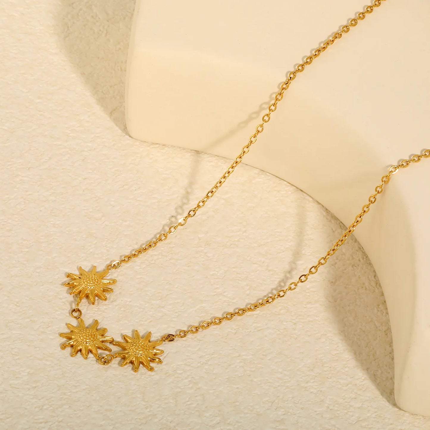Boho Nature Inspired Triple Embossed Sunflower Station Rolo Chain Necklace | 18K Gold Plated Hypoallergenic Stainless Steel | Bulk Order MOQ 12