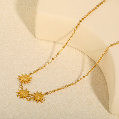 Boho Nature Inspired Triple Embossed Sunflower Station Rolo Chain Necklace | 18K Gold Plated Hypoallergenic Stainless Steel | Bulk Order MOQ 12