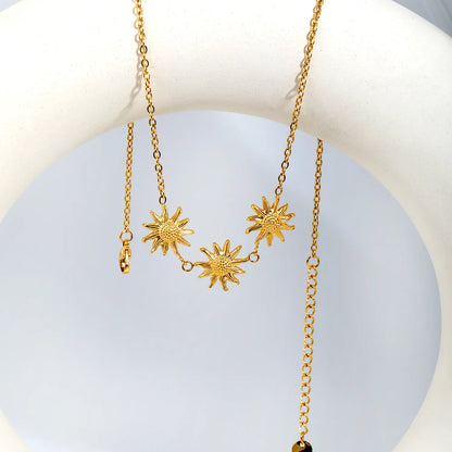 Boho Nature Inspired Triple Embossed Sunflower Station Rolo Chain Necklace | 18K Gold Plated Hypoallergenic Stainless Steel | Bulk Order MOQ 12