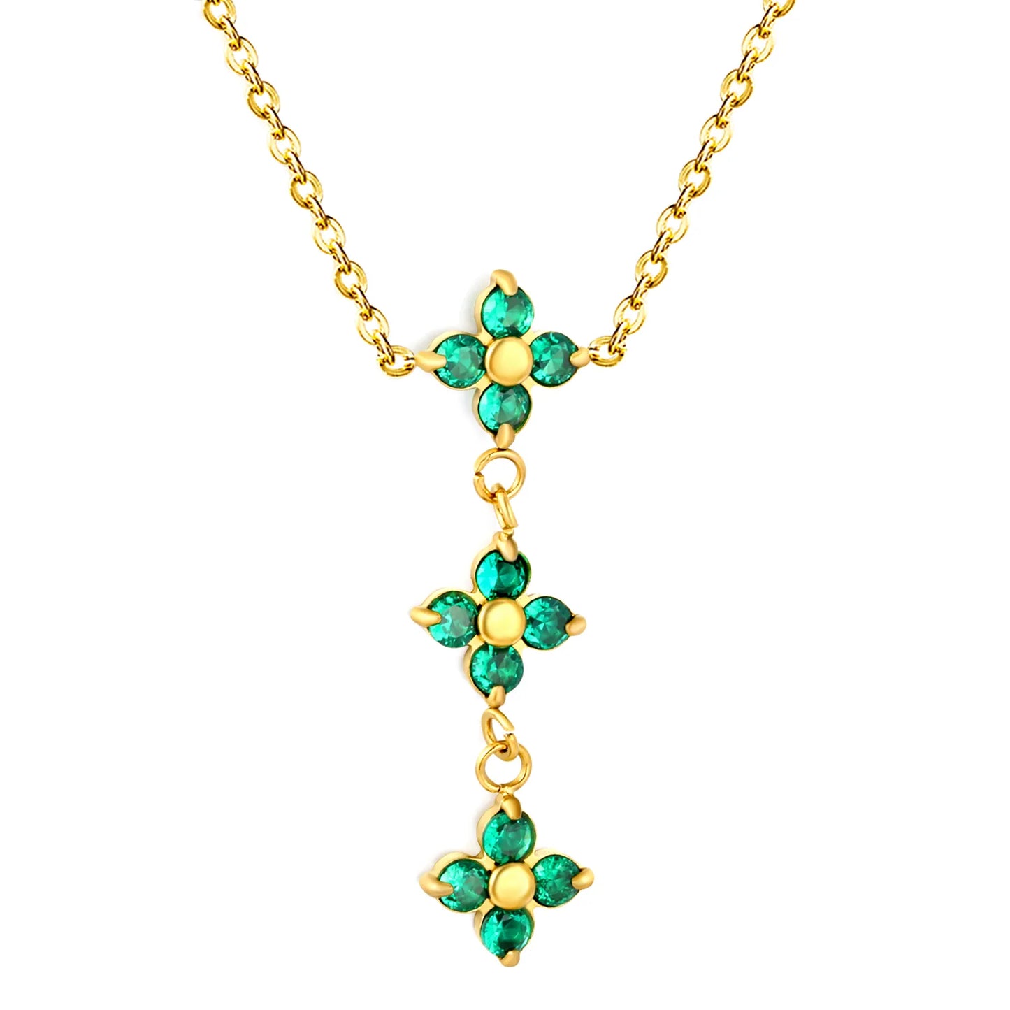 Elegant Lucky Floral Three Tier Green Crystal Four Leaf Clover Y Drop Necklace | Wholesale Bulk Order MOQ 12