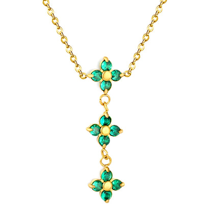 Elegant Lucky Floral Three Tier Green Crystal Four Leaf Clover Y Drop Necklace | Wholesale Bulk Order MOQ 12