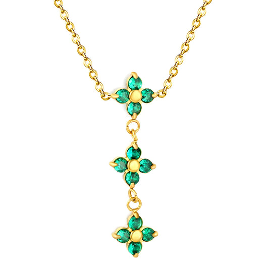 Elegant Lucky Floral Three Tier Green Crystal Four Leaf Clover Y Drop Necklace | Wholesale Bulk Order MOQ 12