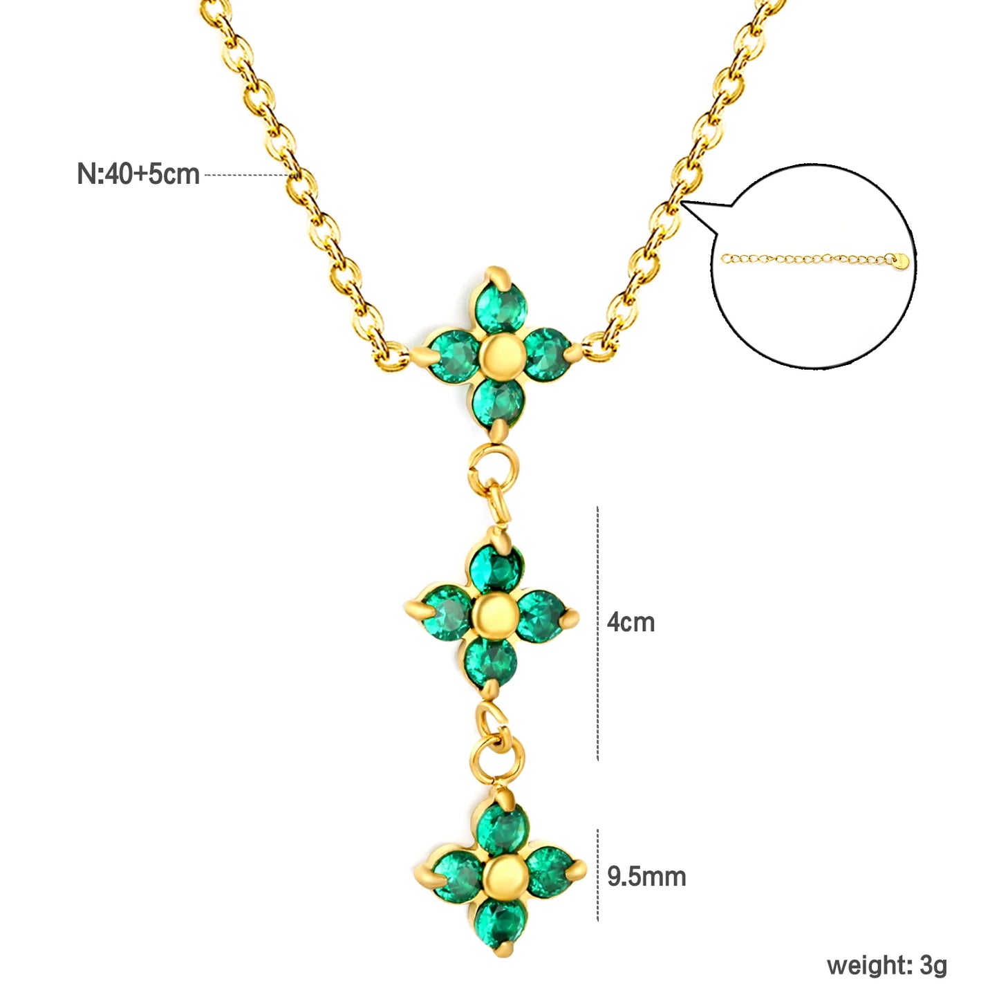 Elegant Lucky Floral Three Tier Green Crystal Four Leaf Clover Y Drop Necklace | Wholesale Bulk Order MOQ 12