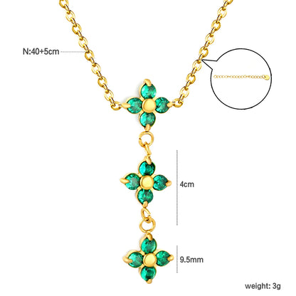 Elegant Lucky Floral Three Tier Green Crystal Four Leaf Clover Y Drop Necklace | Wholesale Bulk Order MOQ 12