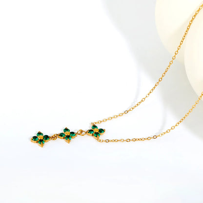 Elegant Lucky Floral Three Tier Green Crystal Four Leaf Clover Y Drop Necklace | Wholesale Bulk Order MOQ 12