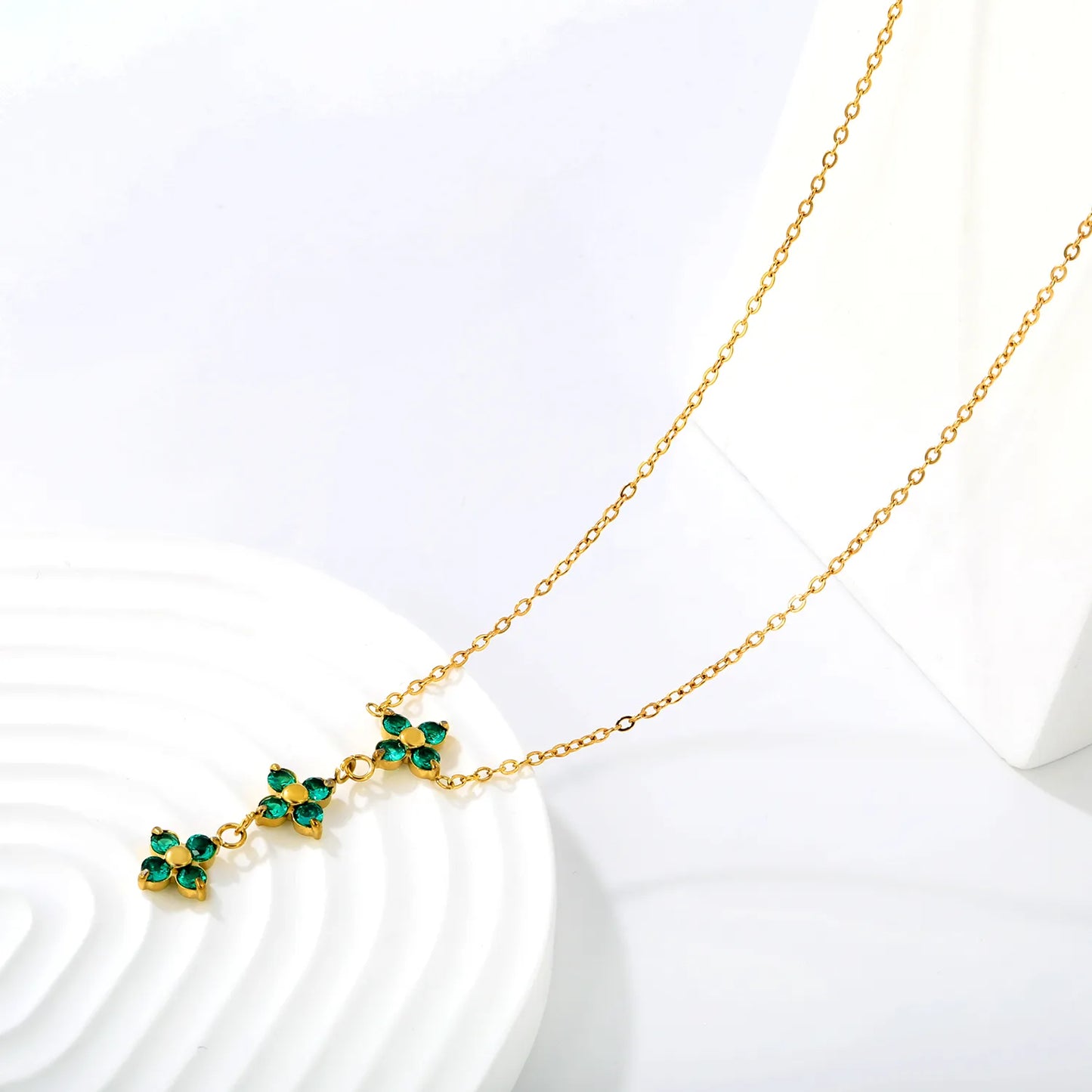 Elegant Lucky Floral Three Tier Green Crystal Four Leaf Clover Y Drop Necklace | Wholesale Bulk Order MOQ 12
