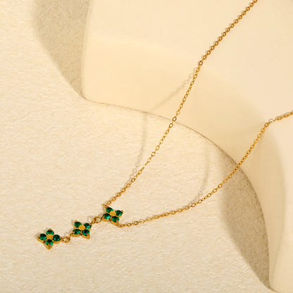 Elegant Lucky Floral Three Tier Green Crystal Four Leaf Clover Y Drop Necklace | Wholesale Bulk Order MOQ 12