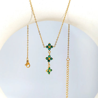 Elegant Lucky Floral Three Tier Green Crystal Four Leaf Clover Y Drop Necklace | Wholesale Bulk Order MOQ 12