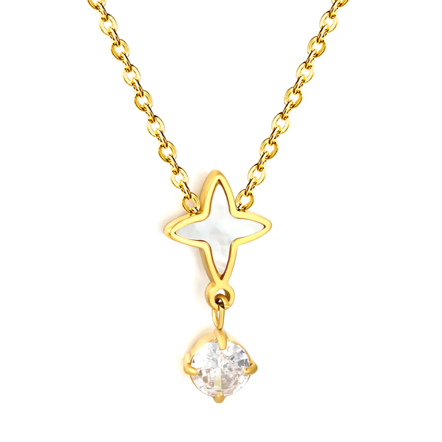 Dainty Celestial  Shell Inlaid Four Point Star Drop Crystal Pendant Rolo Chain Necklace | K Gold Plated Hypoallergenic Stainless Steel | Wholesale MOQ 12
